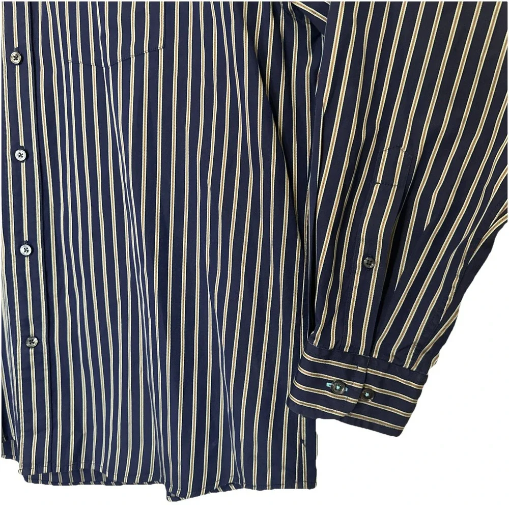 Faconnable Button Down Shirt‎ Men's Size XL Dark Navy Blue & Tan Striped